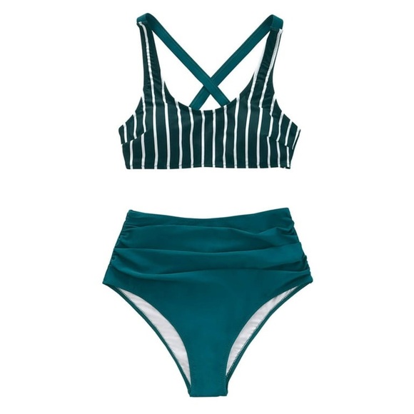Teal White Striped High Waisted Bikini Set nwt - Picture 4 of 5